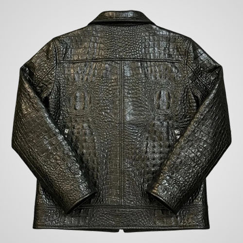 black crocodile embossed leather biker jacket