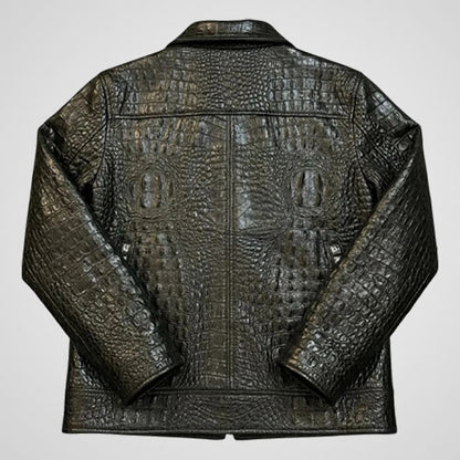 black crocodile embossed leather biker jacket