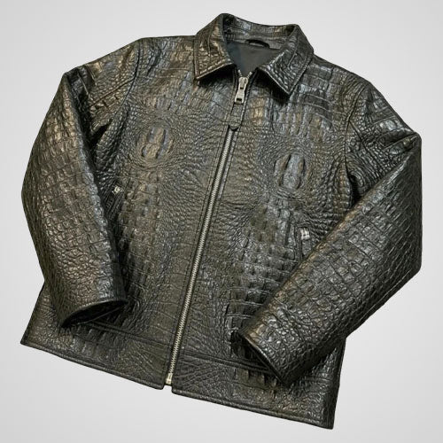 Genuine cowhide leather jacket with crocodile embossed texture