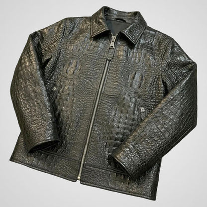 Genuine cowhide leather jacket with crocodile embossed texture