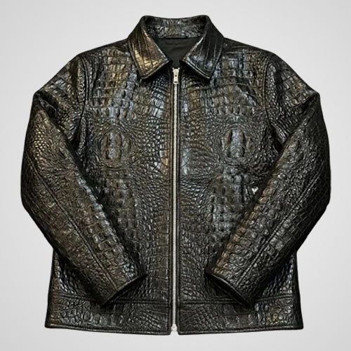 Men’s black crocodile embossed genuine cowhide leather jacket