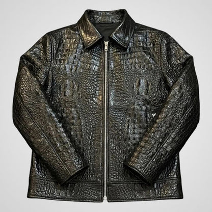 Men’s black crocodile embossed genuine cowhide leather jacket