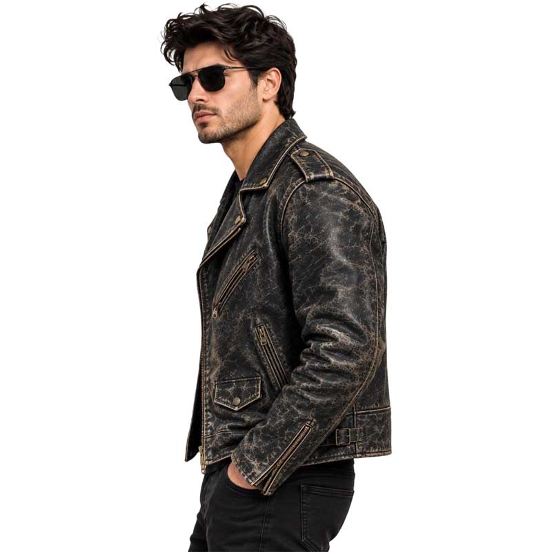 Black leather motorcycle jacket with asymmetric front zipper