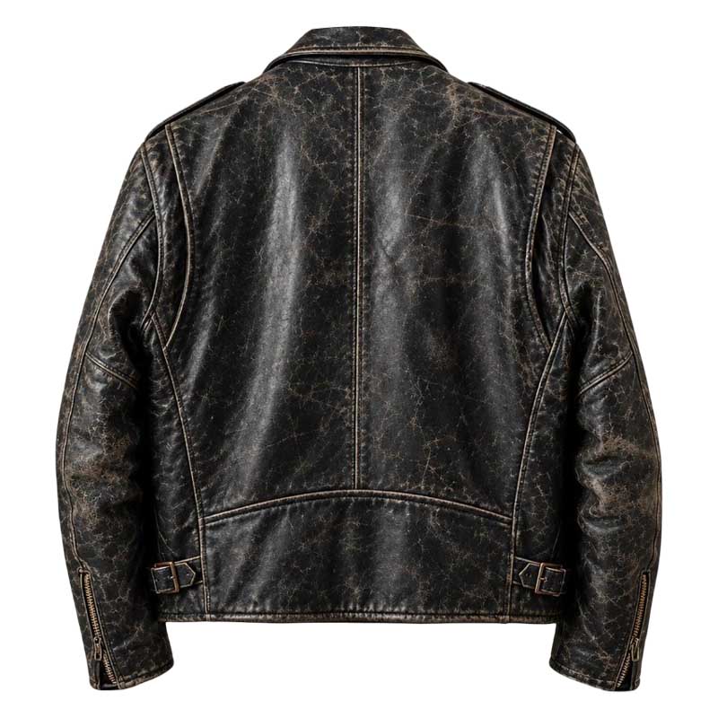 Biker lapel collar with snap-button details on black leather jacket