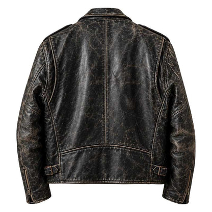 Biker lapel collar with snap-button details on black leather jacket