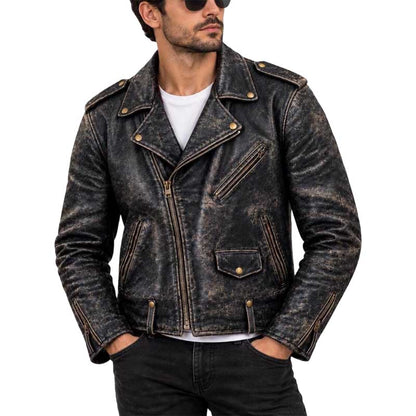 Men’s black distressed genuine leather biker jacket front view