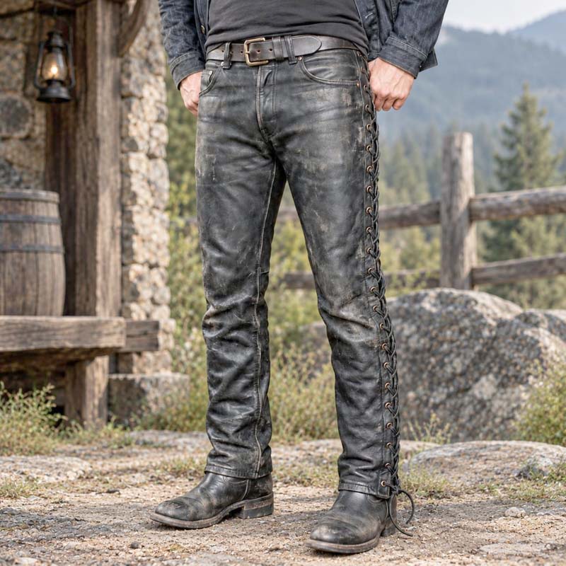 Men's black distressed leather-look pants with gothic lace-up sides