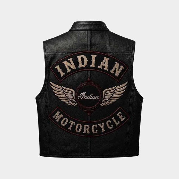Men's black Indian Motorcycle biker vest in genuine cowhide leather with vintage embroidered logos