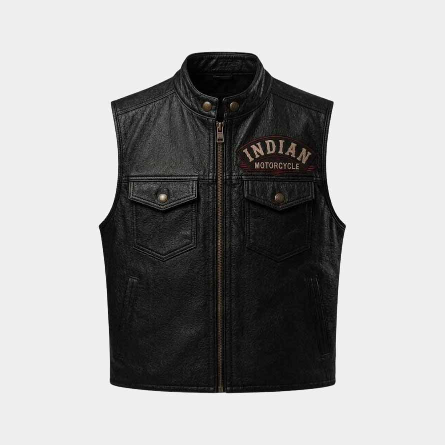 Premium men's vintage leather biker vest featuring embroidered Indian Motorcycle logos