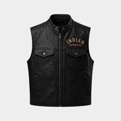 Premium men's vintage leather biker vest featuring embroidered Indian Motorcycle logos