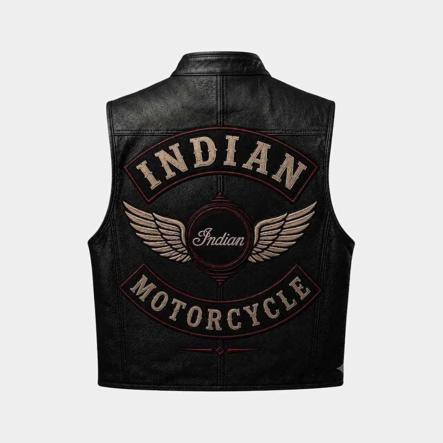 Men's black Indian Motorcycle biker vest in genuine cowhide leather with vintage embroidered logos