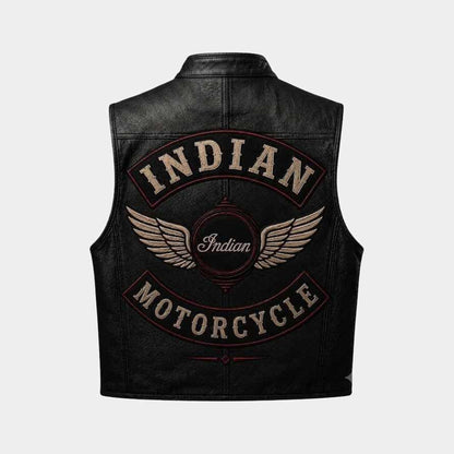 Men's black Indian Motorcycle biker vest in genuine cowhide leather with vintage embroidered logos
