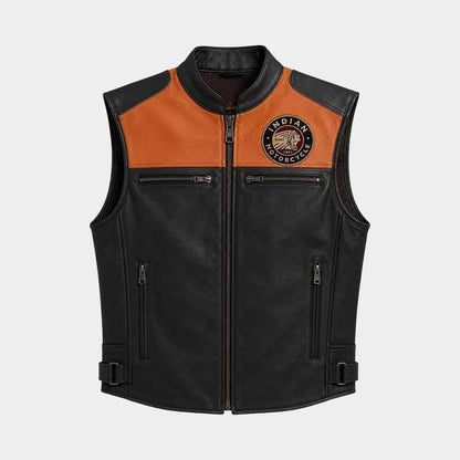 Men's black Indian Motorcycle riding vest in genuine cowhide leather with embroidered logo