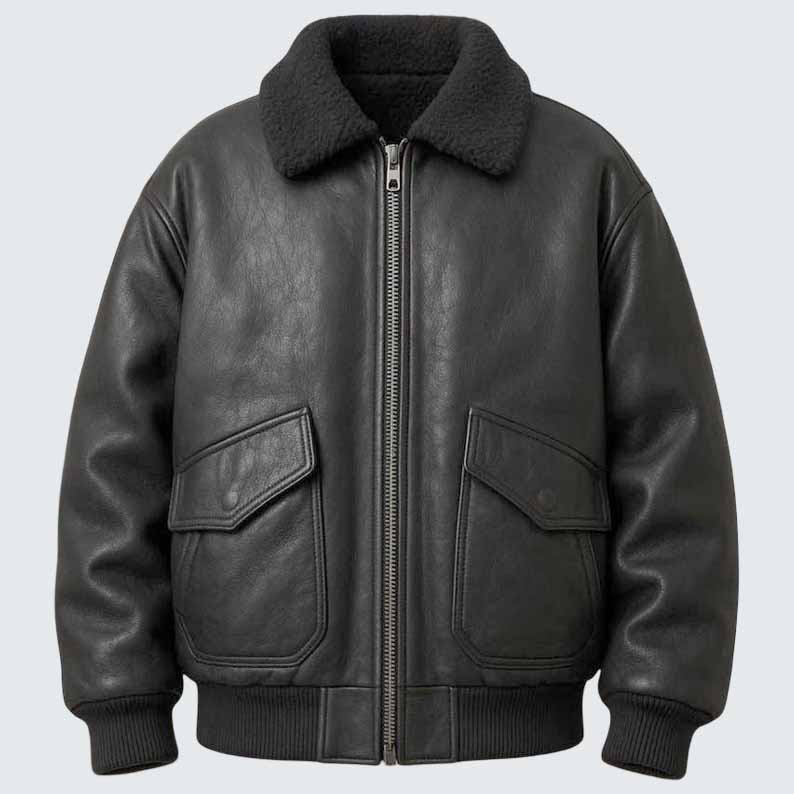 Men's Black Genuine Leather Aviator Jacket with Shearling Collar