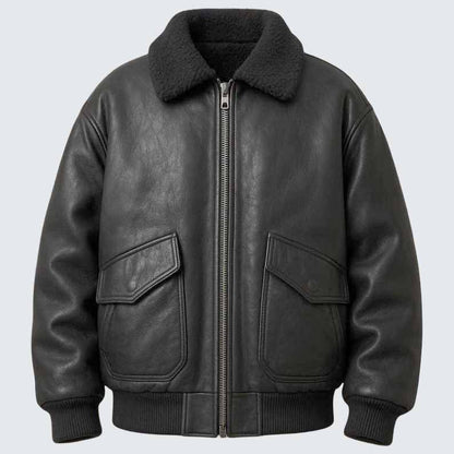 Men's Black Genuine Leather Aviator Jacket with Shearling Collar
