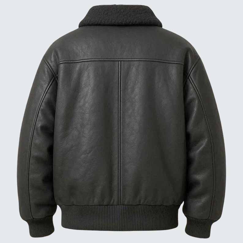 Men's Black Genuine Leather Aviator Jacket with Shearling Collar