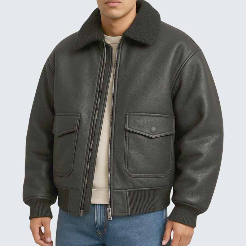 Men's Black Genuine Leather Aviator Jacket with Shearling Collar