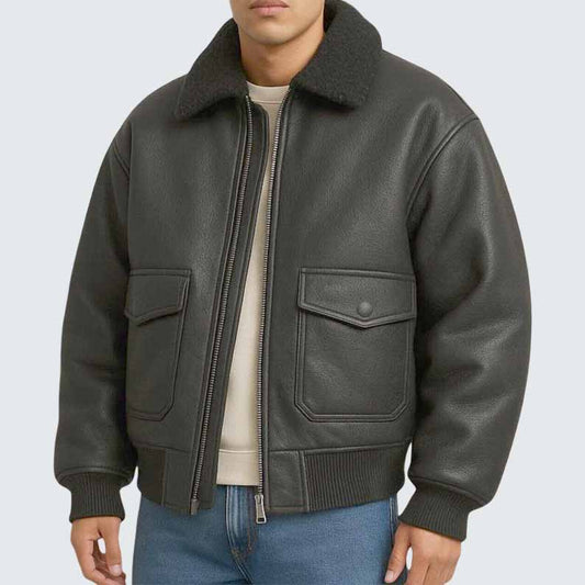 Men's Black Genuine Leather Aviator Jacket with Shearling Collar - 3amoto shop