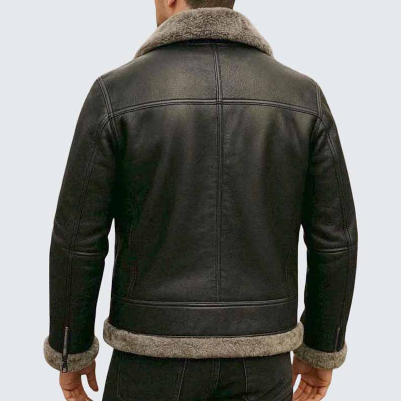 Men's Black Genuine Leather B3 Aviator Bomber Jacket with Shearling Lining