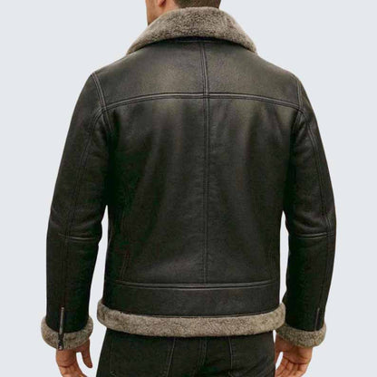 Men's Black Genuine Leather B3 Aviator Bomber Jacket with Shearling Lining