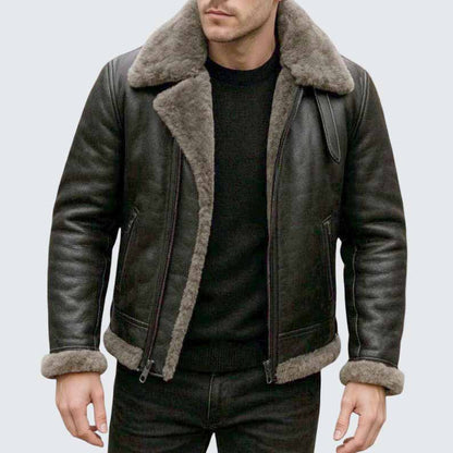 Men's Black Genuine Leather B3 Aviator Bomber Jacket with Shearling Lining