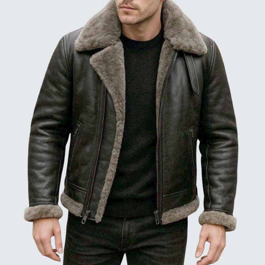 Men's Black Genuine Leather B3 Aviator Bomber Jacket with Shearling Lining - 3amoto shop
