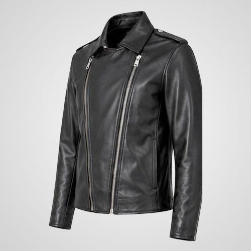 black leather motorcycle jacket with pointed collar