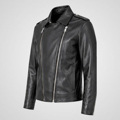 black leather motorcycle jacket with pointed collar