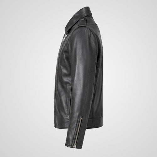 Black moto biker jacket with shoulder epaulettes