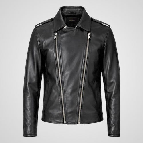 Men’s black leather biker jacket with double zip front