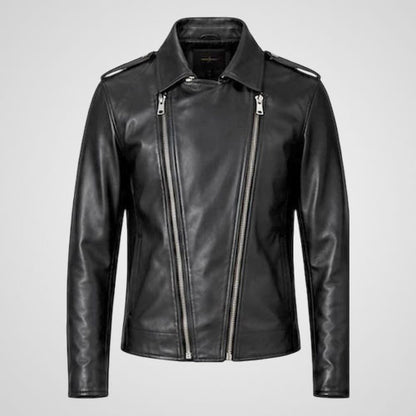 Men’s black leather biker jacket with double zip front