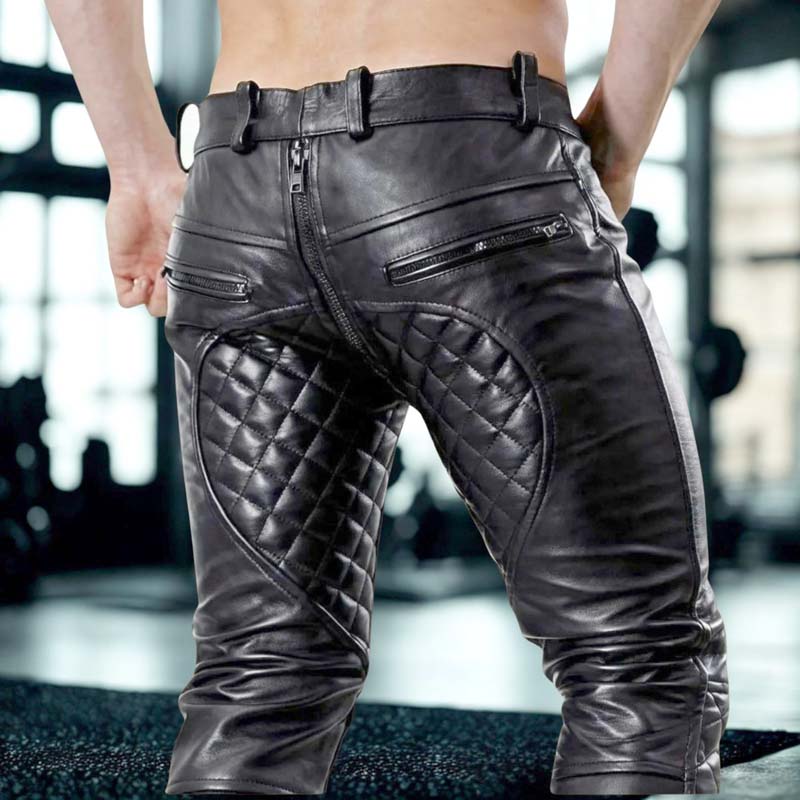 Black men's motorcycle leather trousers with multiple zipper pockets