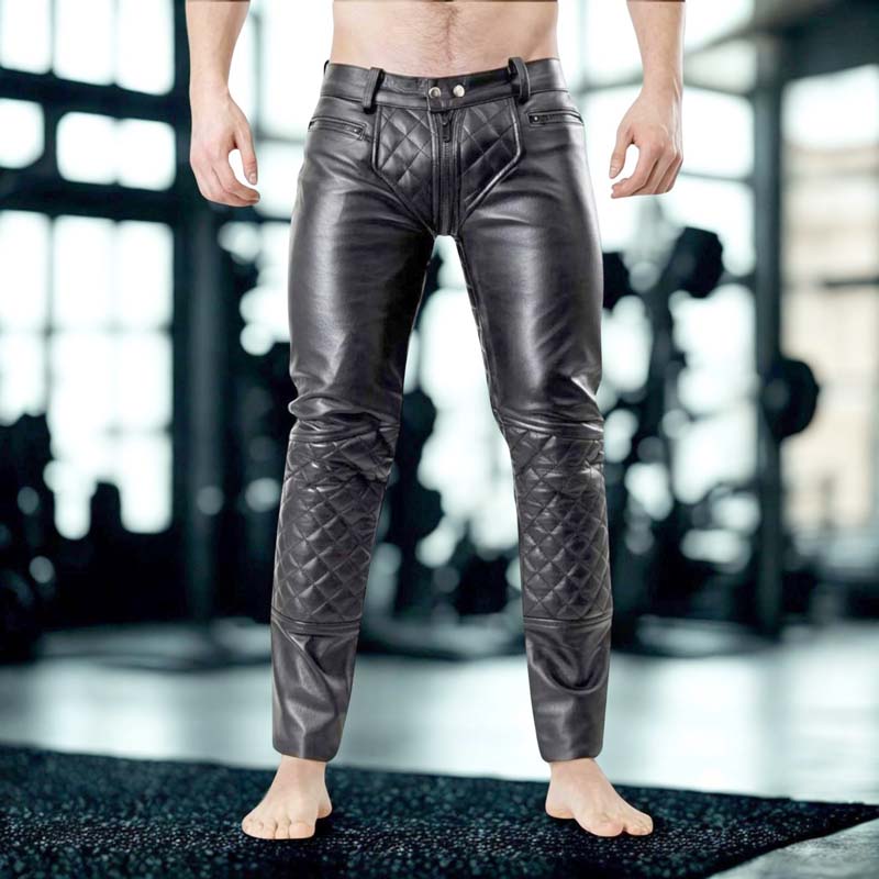 Men's fitted black leather pants with central front zipper closure