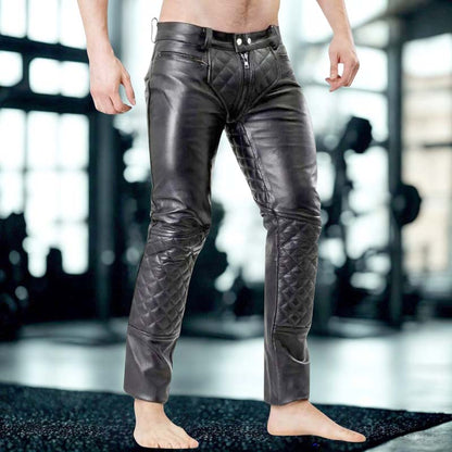 Men's quilted leather biker trousers with structured waistband