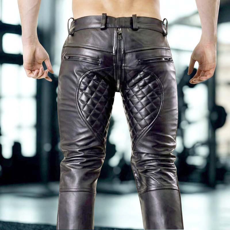 Men's black leather biker pants with diamond-quilted thigh panels