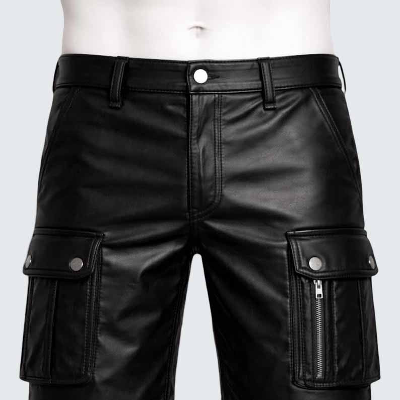 Men's Genuine Leather Cargo Shorts in Black with Biker Style