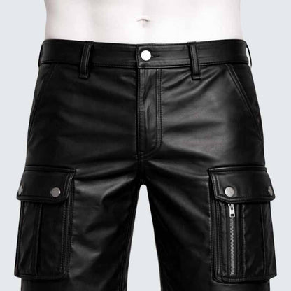 Men's Genuine Leather Cargo Shorts in Black with Biker Style