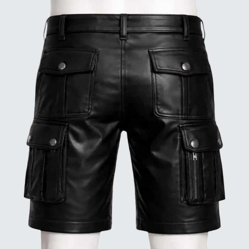 Men's Genuine Leather Cargo Shorts in Black with Biker Style