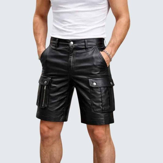 Men's Genuine Leather Cargo Shorts in Black with Biker Style - 3amoto shop