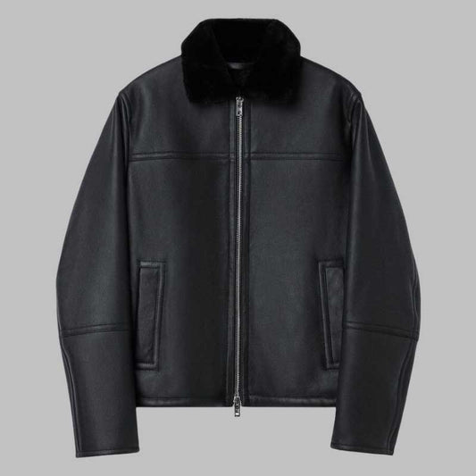 Mens black leather fur collar winter jacket front view with zipper closure - 3amoto shop