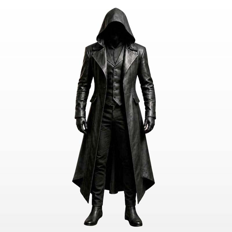 Long black hooded leather coat for men's steampunk fashion