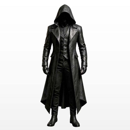 Long black hooded leather coat for men's steampunk fashion