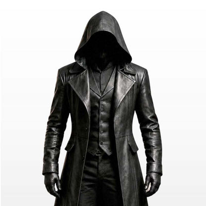 Men's gothic black duster coat with structured lapel front