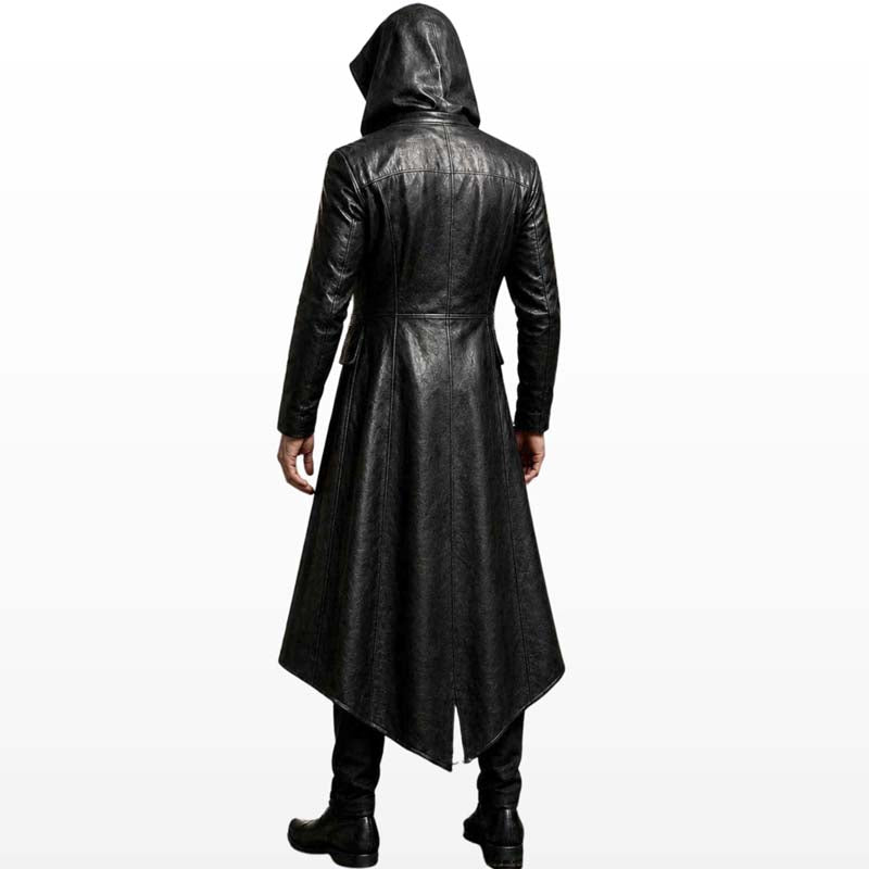 Black leather-look men's coat with attached hood and button closure