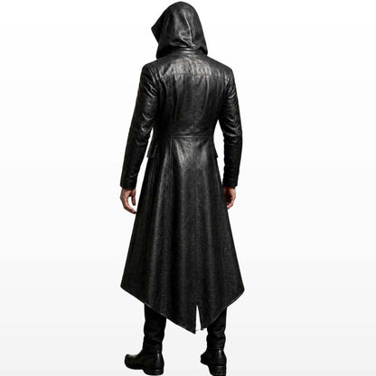 Black leather-look men's coat with attached hood and button closure