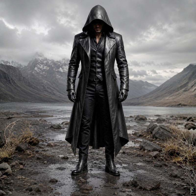 Men's black leather hooded coat with long gothic duster silhouette