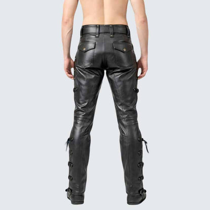 Men's Black Genuine Leather Lace-Up Biker Pants in Slim Fit Gothic Punk Style