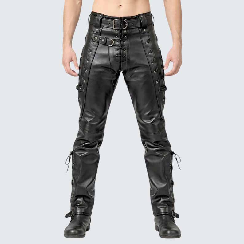 Men's Black Genuine Leather Lace-Up Biker Pants in Slim Fit Gothic Punk Style
