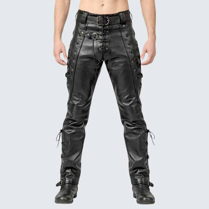 Men's Black Genuine Leather Lace-Up Biker Pants in Slim Fit Gothic Punk Style