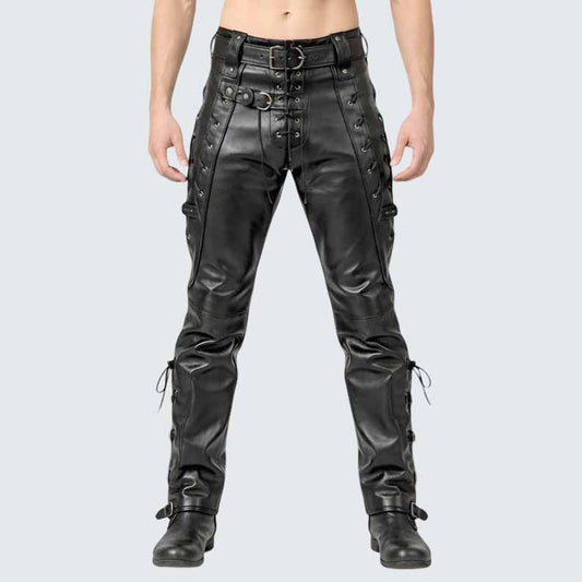 Men's Black Genuine Leather Lace-Up Biker Pants in Slim Fit Gothic Punk Style - 3amoto shop